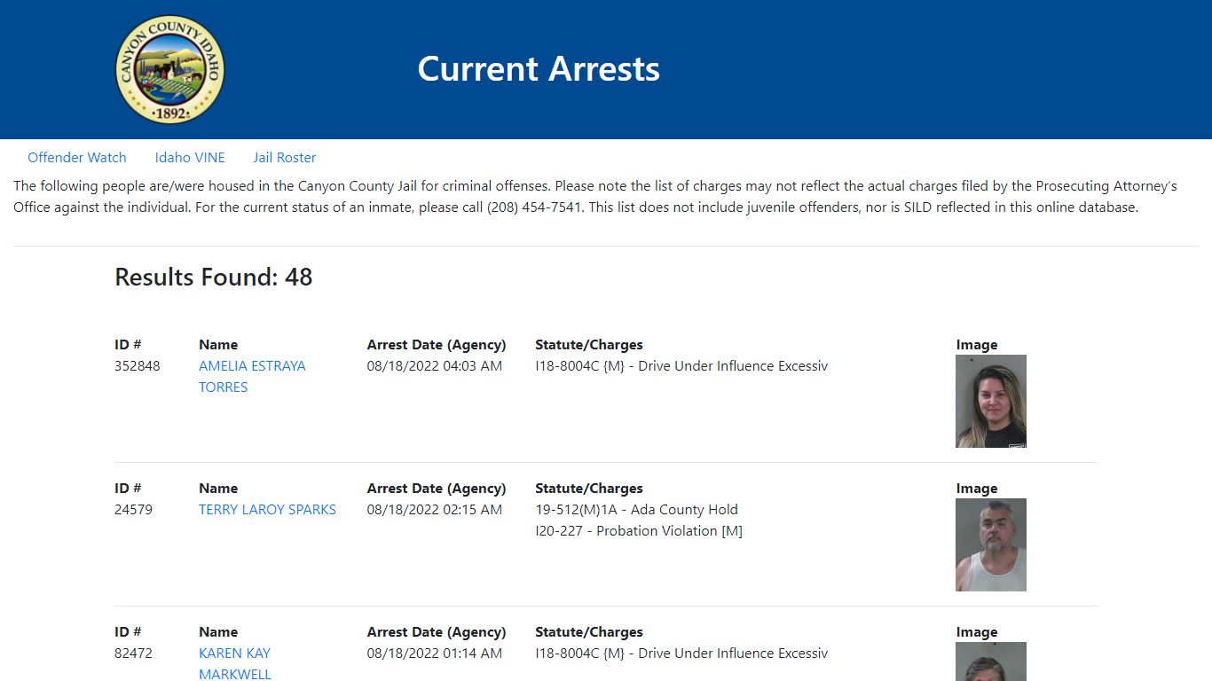 Current Arrests - Canyon County, Idaho